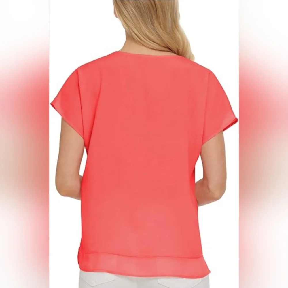 NEW DKNY Coral Pink V-Neck Lightweight Chiffon Blouse Size S Sheer Casual Office - Picture 2 of 10